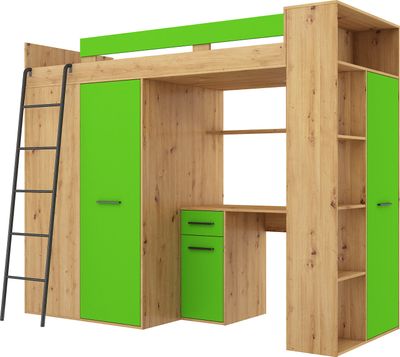 Podkrovná posteľ VERANA L (ľavá) Poschodová posteľ Predsieň 90x200 Šatníková skriňa Policové schody ARTISAN OAK / GREEN