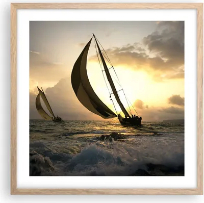 Produktbild von Gerahmtes Poster - Rahmen in heller Eiche - Schiff Sonnenuntergang Sonne Landschaft - 50x50 cm - Wand Bild - Wanddeko - Wandbilder - Wandposter - Bilderrahmen - Bilder - Kunstdruck - P2NAC50x50-3158