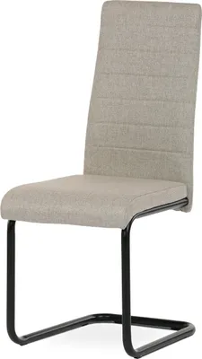 A single modern dining chair with a cream fabric seat and backrest, supported by a black metal frame.