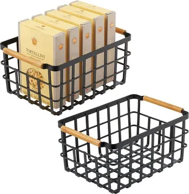 Productafbeelding van Metalen manden – Organizers voor elke ruimte – Opbergset met rasterpatroon – Set van 2 – mat zwart/bamboe