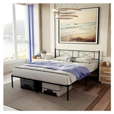Produktbild von Bettgestell 160x200 mit Lattenrost und Füßen - Metallbett mit Kopfteil - 35 cm hoch - Viel Stauraum