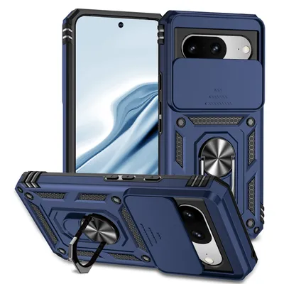 Immagine prodotto di Custodia per Google Pixel 8 a doppio strato con copertura scorrevole della fotocamera e supporto ad anello blu