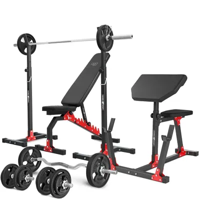 Immagine prodotto di Marbo Sport Set MH9_121KG_KIER_G | panca pesi regolabile + rack pesi + panca scott + barra gommata e piastre pesi set 83 kg