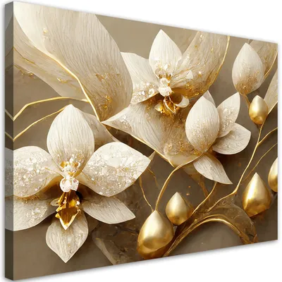 Produktbild von Leinwandbild 3D-Glamourblumen in Gold 120x80 Feeby Gold bild für die wand bereit zum aufhängen