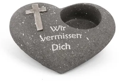 Produktbild von Novaliv Grabschmuck Herz Anthrazit mit Kreuz Spruch Wir vermissen Dich Grabdeko Grabherz Wetterfest Grabdekoration Gedenkstein Teelichthalter Trauerstein