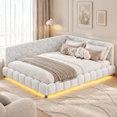 Productafbeelding van INONEFT Gestoffeerd bed 140x200 cm met LED-verlichting en USB-poorten, slaapbank/dagbed, tweepersoonsbed, jeugdbed met lattenbodem, logeerkamerbed, dagbed, lamswol, wit