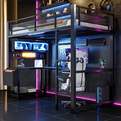 Productafbeelding van Gaming hoogslaper 90x200, bureau, toetsenbordhouder, opbergvakken, LED-verlichting, oplaadstation (zwart)