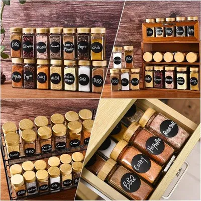 Produktbild von Kräuterpots 6er Set, 120ml, Holzdeckel, quadratisch, mit Etiketten und Trichter