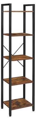 Obrázek produktu pro Pětipatrová knihovna – regál – barva vintage hnědá/černá – materiál: dřevotříska a ocel – rozměry: 40 x 30 x 146 cm