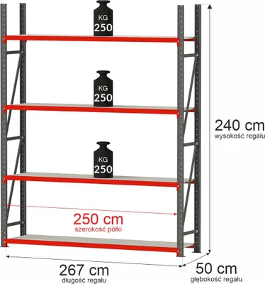 Zdjęcie produktu dla Regał magazynowy metalowy warsztatowy 4-półkowy Mega-M FORTIS 240x267x50 cm moduł bazowy 1000kg