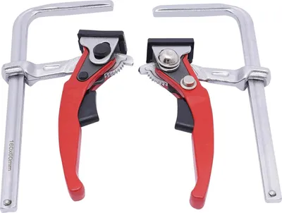Immagine prodotto di Morsetti a leva per guida – Morsa da banco – Set da 2 – Per lavorazione del legno e dei metalli, 160 mm, plastica ABS – Rosso/Argento