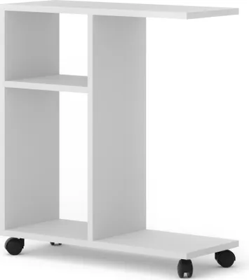 A white rolling organizer table with shelves.
