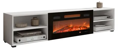 Produktbild von MIRJAN24 TV-Lowboard Polo 180 mit Kamin, Realistische LED-Flamme, Gehärtetes Glas, 180x33x39 cm (Farbe: Weiß / Weiß + Schwarz Hochglanz)