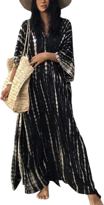 Zdjęcie produktu dla Kimono boho długie, dekolt w serek, długie rękawy, rozcięcie, sukienka plażowa na lato