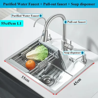 Produktbild von Küchenspüle - Aufsatzspüle Einzelbecken - 55x45 cm - 304 Edelstahl 3 mm - Auszieharmatur mit 3 Löchern - Seifenspender & Trinkwasserhahn - Nickel