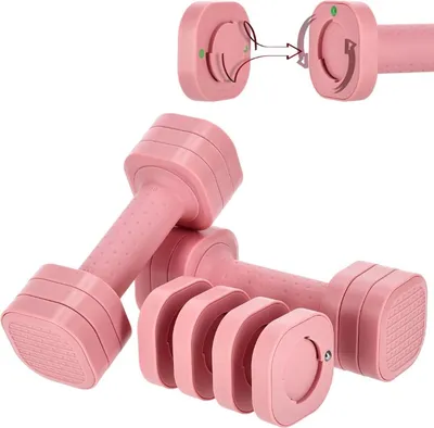 A set of pink adjustable dumbbells and their weight plates, with an inset diagram showing how the plates attach.