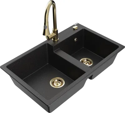 Produktbild von Mexen Tomas 2-Becken-Granitspüle mit Mischbatterie Elia, Schwarz/Silbermetallic - 6516-73-670101-50