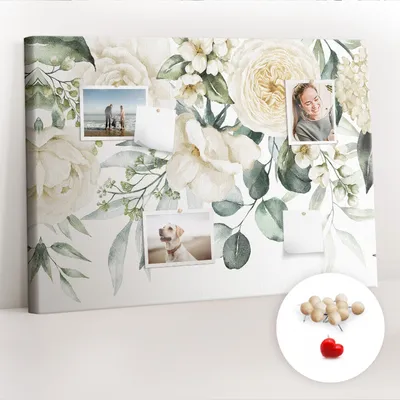 Obrázek produktu pro Korková nástěnka s kolíčky - Tabule s kolíky pro fotografie a poznámky - 100x70 cm - Připínáčky dřevěné 100 kusů - Květiny