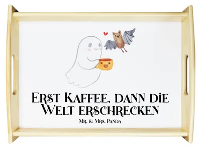 Produktbild von Mr. & Mrs. Panda Servier Tablett Gespenst Kaffee - Weiß - Geschenk, Serviertablett, holz, Küchentablett, Deko, Dekoration