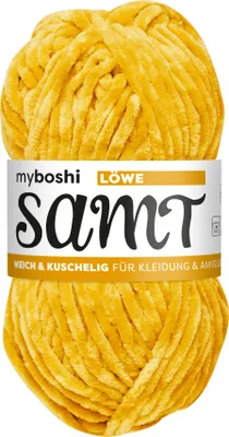A ball of yellow chenille yarn with a label.