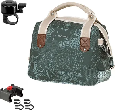 Produktbild von Basil Bohème City Bag - Fahrrad Lenkertasche Seitentasche -8 Liter Grün inkl. Lenkeradapter mit Fahrradklingel