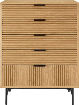 Produktbild von SalesFever Hoch-Kommode | mit 5 Schubladen | MDF Eiche Echtholzfurnier | Gestell Metall | B 80 x T 40 x H 113 cm | natur – schwarz