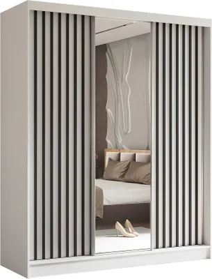 Produktbild von AGMAT Schwebetürenschrank Nevada, Kleiderschrank mit Spiegel und 3 Türen und 2 Schubladen, Moderne Garderobe in Farbe: Weiß, Schrank in Größe: 180 x 216 x 61 cm