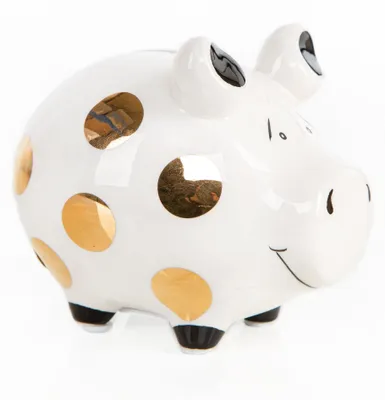 Produktbild von Sparschwein edel Gold weiß schwarz mit Punkten 12,5 cm