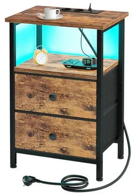 Image de Table de chevet avec éclairage LED - Table d'appoint avec station de charge - Rangement pour chambre - Prises intégrées - 40 x 30 x 60 cm - Marron