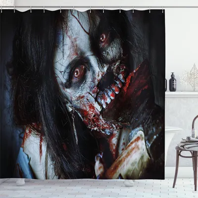 Produktbild von ABAKUHAUS Zombie Duschvorhang, Furchtsame Tote Frau mit Blaue Rote Augen Fantasie Gotisches Geheimnis Halloween, 175 x 200 cm, Mehrfarbig