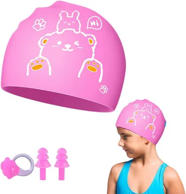 Imagen del producto de Gorro de natación para niñas, de silicona, ideal para cabello largo, con tapones para los oídos y clip para la nariz, 1 juego, para nadar