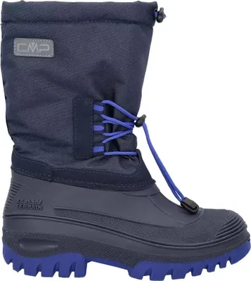 A single navy blue winter boot with blue laces and a blue sole, shown against a white background.