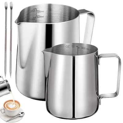 Productafbeelding van Melkkannen van roestvrij staal, set van 2 stuks, melkopschuimkannen van 350 ml en 600 ml, inclusief latte art-pen