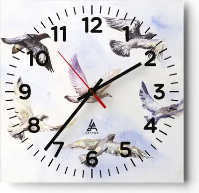 Produktbild von Wanduhr - Quadrat - Glasuhr - Vögel Aquarell Wildheit Fliegen - 30x30cm - Schleichendes Uhrwerk - Lautlos - zum Aufhängen bereit - Dekoration Modern - Wanddekoration aus Glas - C4AC30x30-3066