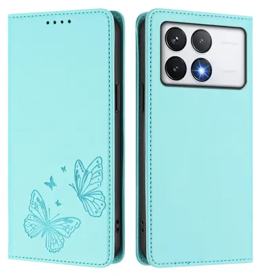 Obrázek produktu pro Kožené pouzdro pro Xiaomi Poco F6 Pro, motýlí ražbou, peněženkové flip pouzdro se stojánkem Mátově zelená