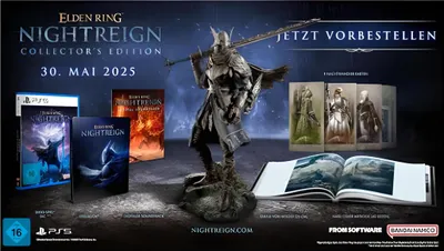 Promotional image for Elden Ring Nightreign Collector's Edition, showing game boxes, a statue, and an open art book.