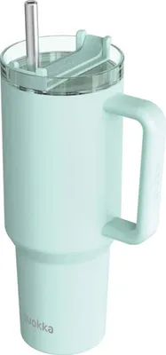 A turquoise blue insulated tumbler with a handle and a straw.