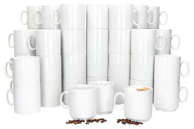 Zdjęcie produktu dla zestaw 48 kubków do kawy o pojemności 250 ml z białej porcelany z możliwością układania w stos