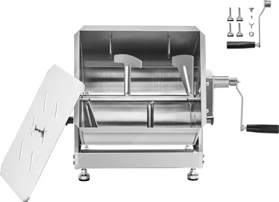 A stainless steel meat mixer with its lid open, shown from a front-diagonal angle on a white background. Accessories are visible in the upper right corner.