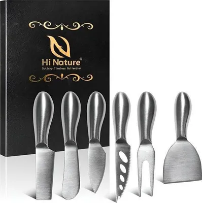 Produktbild von Hi Nature™ Käse Schneider Set 6 Stück | Hochwertiges Käsemesser aus Edelstahl, Spülmaschinengeeignet | Profi Käsemesser Set mit Gabel & Zubehör für Hart- & Weichkäse | Utensilien zum Käseschneiden