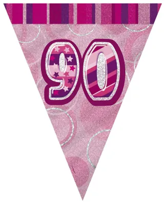 Produktbild von Unique Party Wimpelkette zum 90. Geburtstag, 2,7 m, glitzernd, rosa