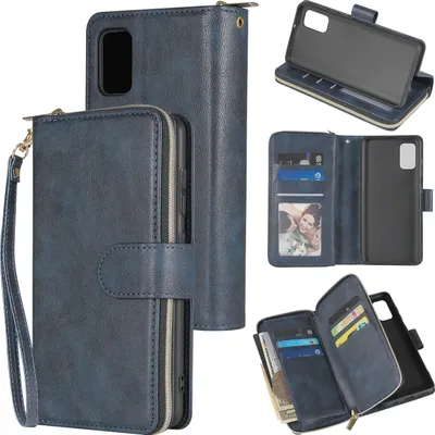 Produktbild von Für Samsung A01/A21/A31/A41/A51 Kunstleder Handyhülle Reißverschluss Tasche + Handschlaufe blau