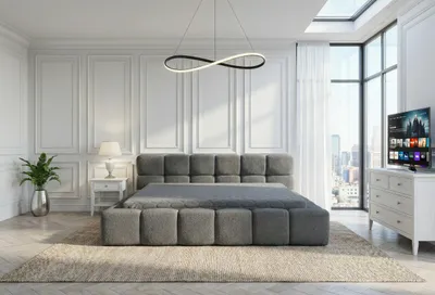 Produktbild von Polsterbett mit Bettkasten BAHRA  / LAMBI 11 Dunkelgrau / Schlaffläche 140 cm x 200 cm/ Metallrahmen / Bett mit gepolstertem Kopfteil/ Bouclé, KI-generiertes Bild
