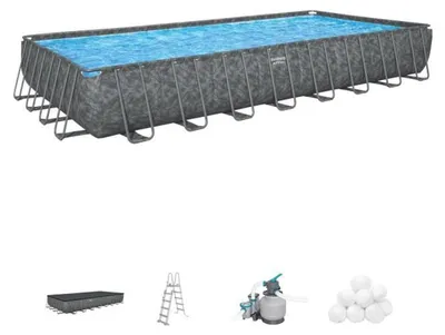Produktbild von Bestway APX 365 Rechteck-Becken-Set für den Garten, Aufstellpool mit Stahlrahmen, Tritech-Folienwand, Sandfilteranlage, Leiter & Abdeckung, 9,56 x 4,88 x 1,32 m, 52.231 L (90%)