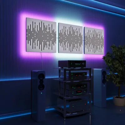Obrázek produktu pro Sada 3 ks akustických LED panelů s RGB podsvícením pro Echo Control | Zvukově izolační panely s podsvícením | 3x WAVE – samostatně | Bílá
