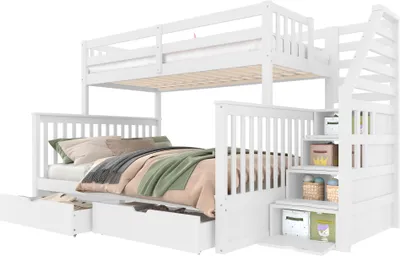 Produktbild von Etagenbett mit 2 Liegeflächen, Schubladen und Stauraumtreppe, 90x200cm/140x200cm, Kinderbett mit Rausfallschutz, Kiefer