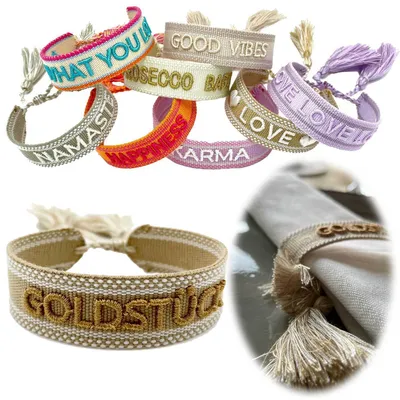 Produktbild von LS-LebenStil Canvas Statement Armband Goldstück Beige Gold besticktes Stoffarmband gewebt textiles Quasten Spruch Boho Geschenk Freundschaftsarmband
