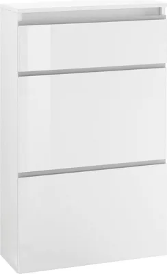 Produktbild von Schuhschrank Dlogarz, Mehrzweckschrank mit 2 Türen und 1 Klapptür, Eingangsschuhregal, 100 % Italy, cm 60x27h108, glänzend weiß