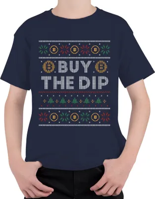 Produktbild von Bitcoin BUY THE DIP - Ugly Christmas Sweater Crypto Weihnachtsgeschenk Uni Kinder T-Shirt, Navy, 116