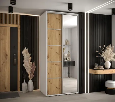 Produktbild von Kleiderschrank YVONA 5 - 100/60 cm, weiß / Eiche handwerklich / silber